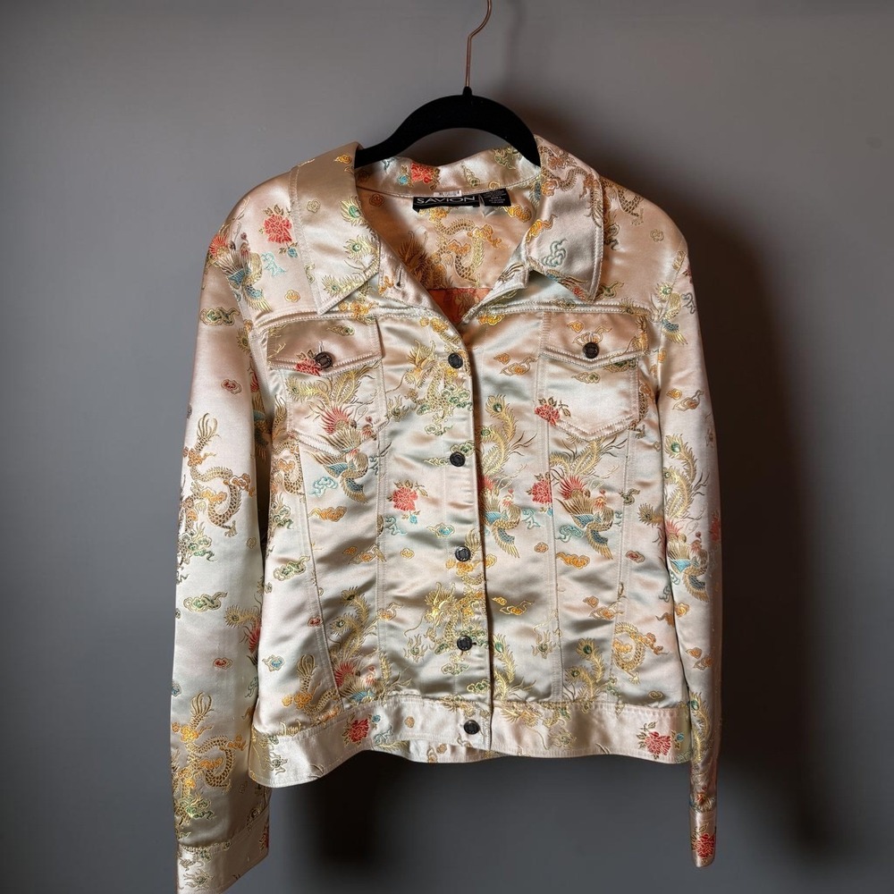 Savion Womens Champagne Satin Dragon Phoenix Embroidered Trucker Jacket Large